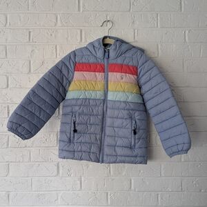 Joules Pale Blue Hooded Puffer with Rainbow Chest Stripes